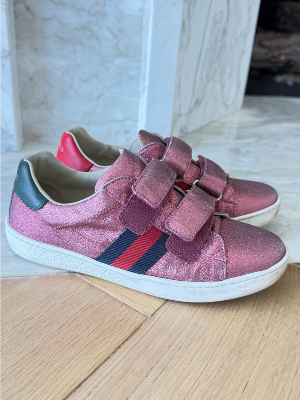 Gucci Pink Glitter Kids Velcro Sneakers with Navy & Red Stripe